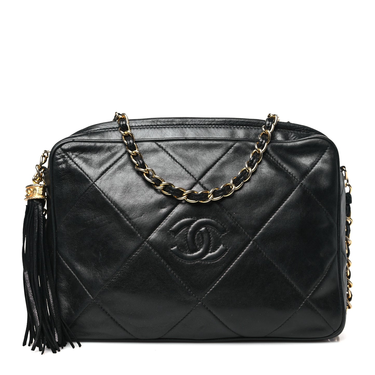 Lambskin Quilted CC Tassel Camera Case Black
