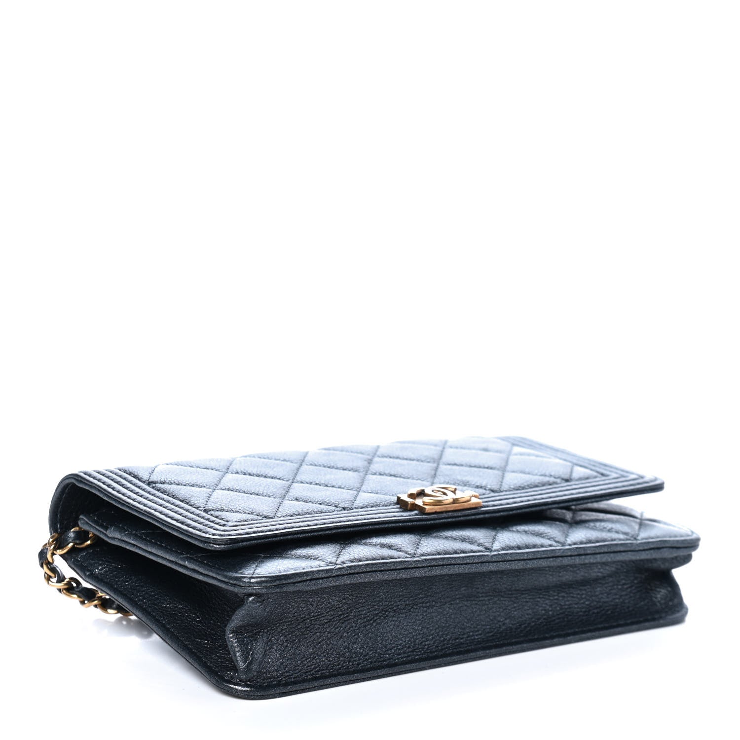 Chanel Metallic Calfskin Quilted Boy Wallet On Chain WOC Charcoal 3 of 4