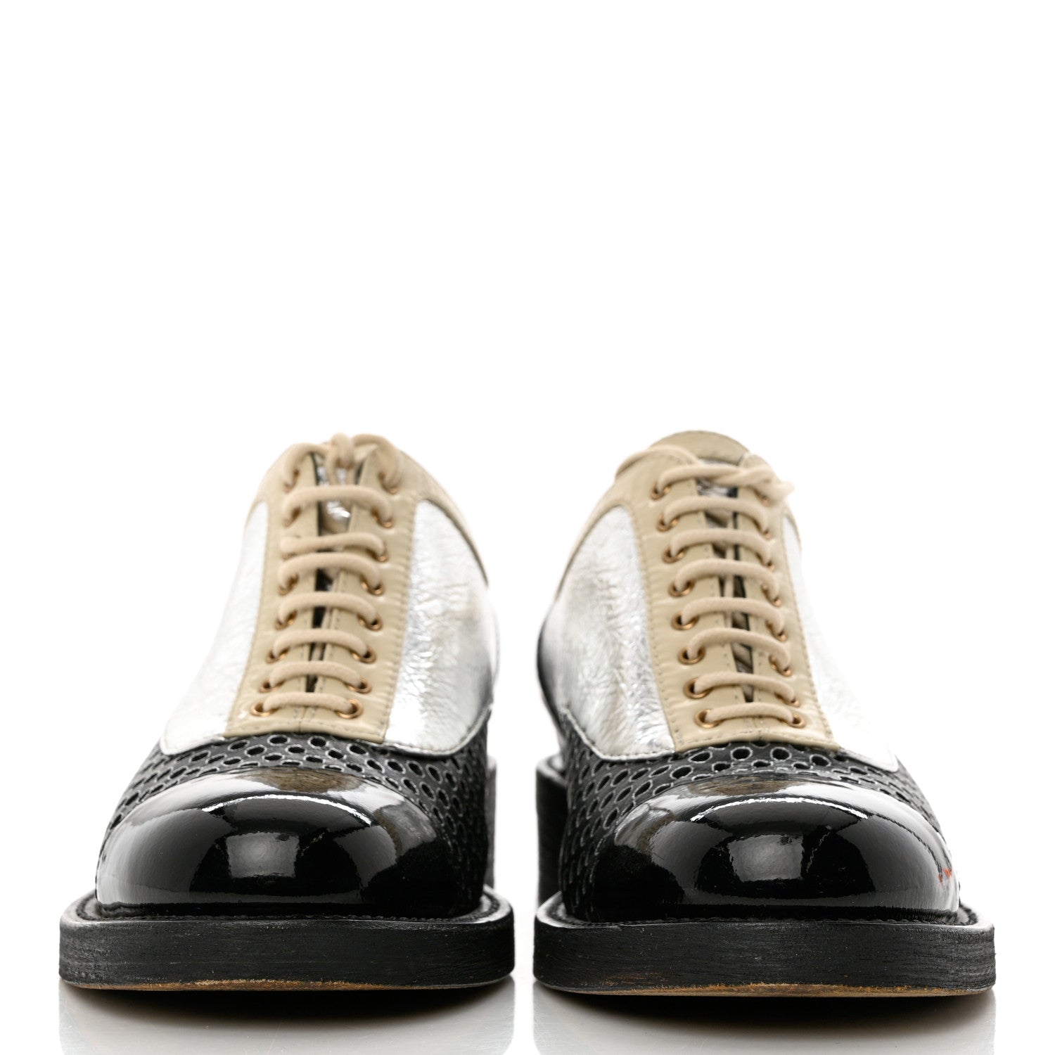 Chanel Metallic Crumpled Lambskin CC Lace Up Oxfords 37.5 Silver Black 2 of 10
