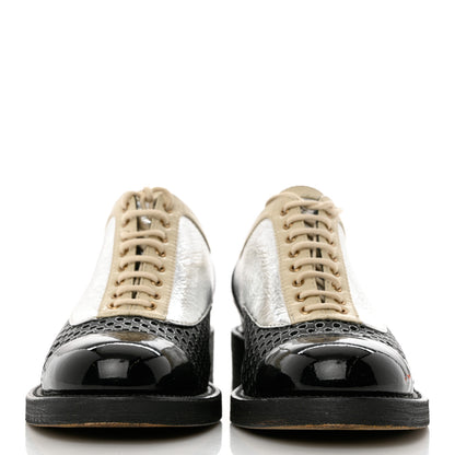 Chanel Metallic Crumpled Lambskin CC Lace Up Oxfords 37.5 Silver Black 2 of 10