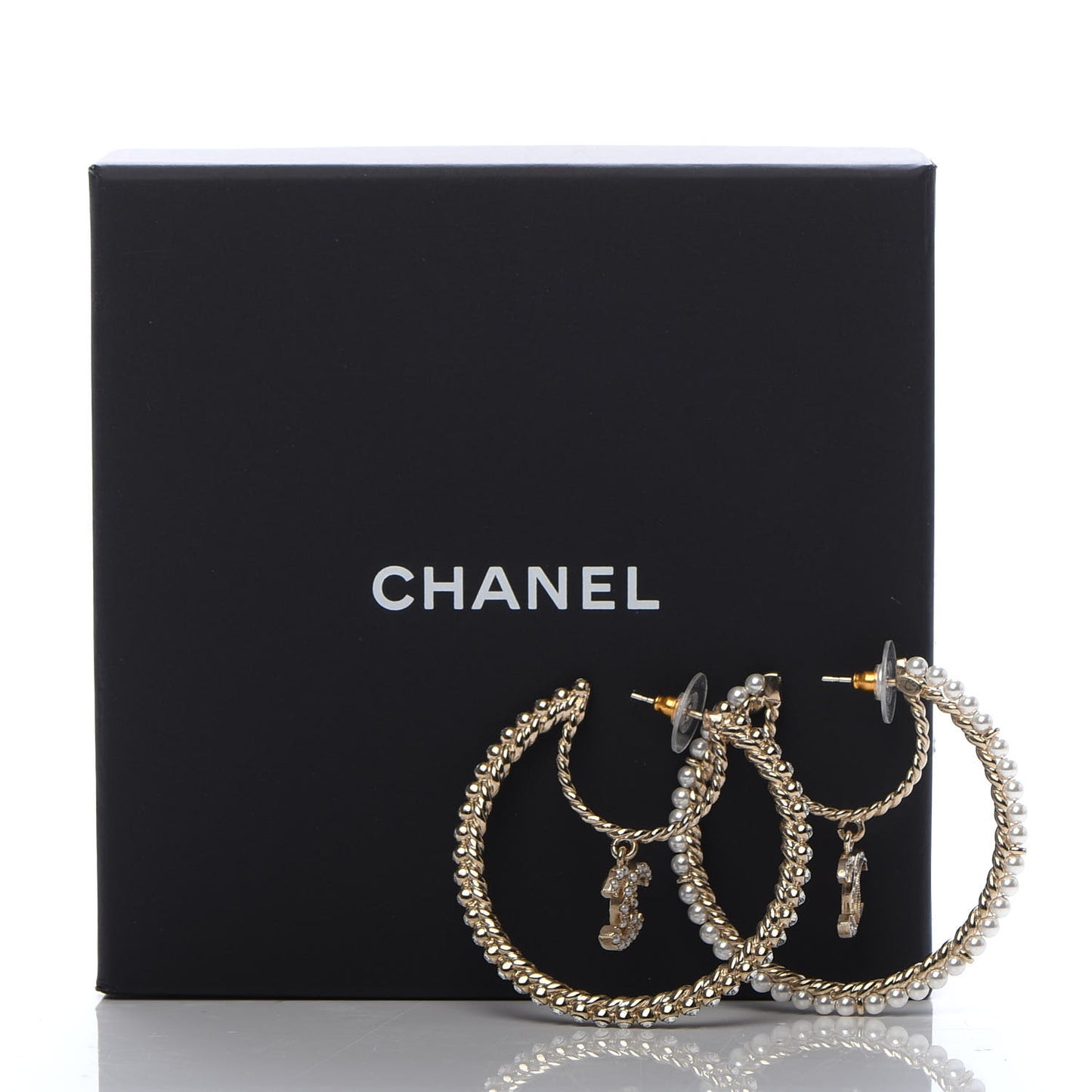 Crystal Pearl CC Drop Hoop Earrings Gold Pearly White
