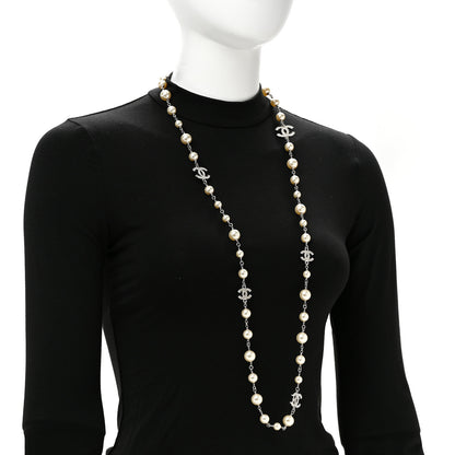 Chanel Crystal Pearl CC Long Necklace Silver 2 of 5