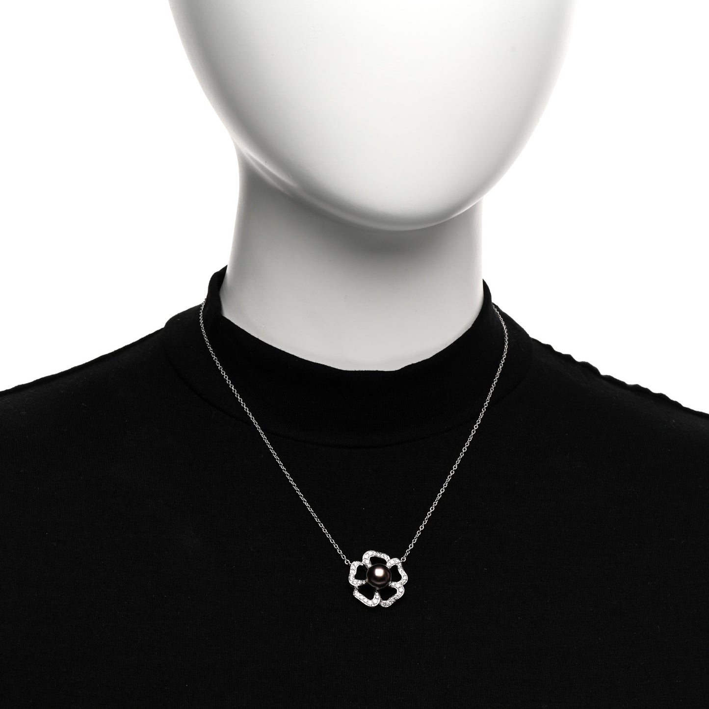 18K White Gold Diamond Tahitian Pearl Open Flower Pendant Necklace