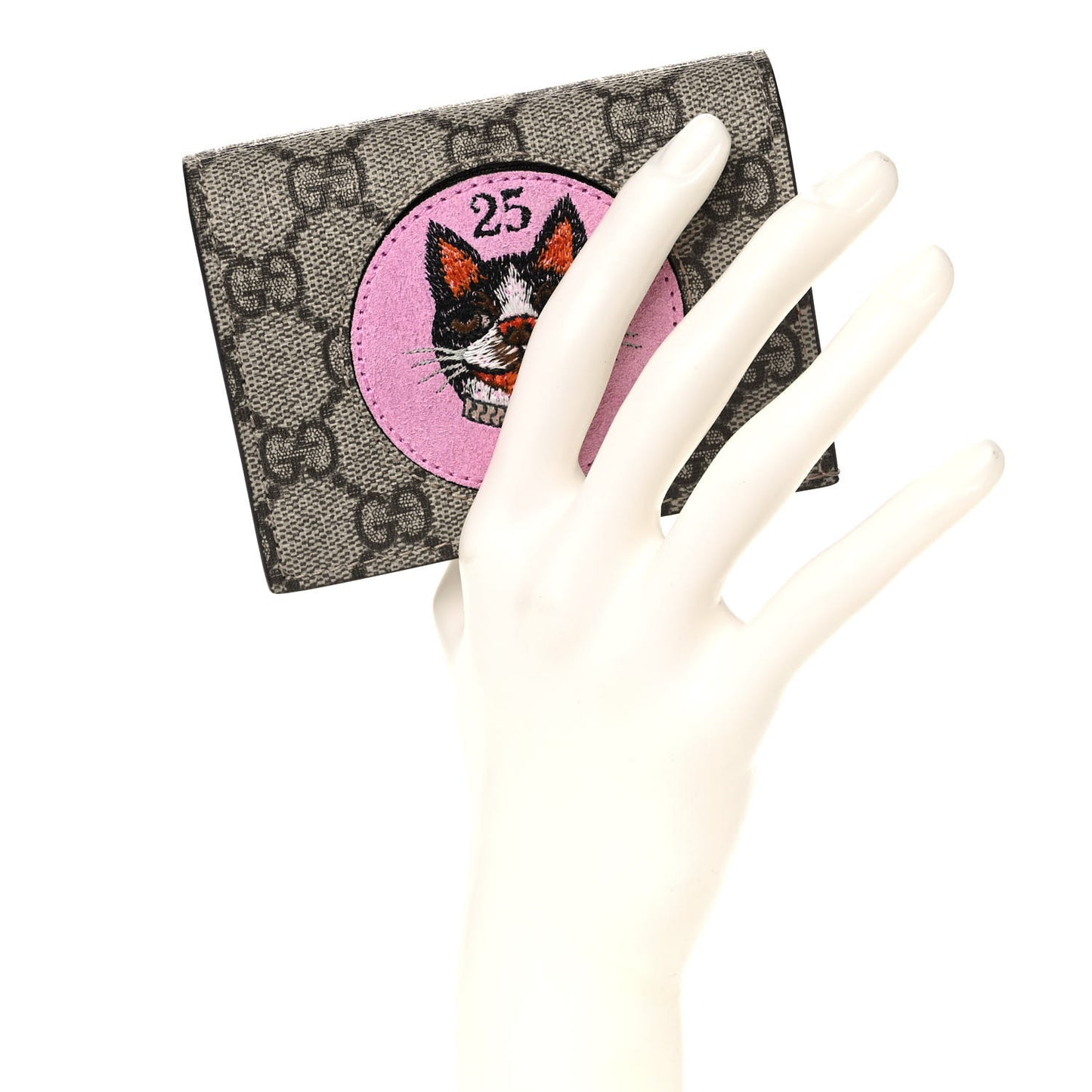 GG Supreme Monogram Bosco Patch Card Case Wallet Beige Malva Hibiscus Red