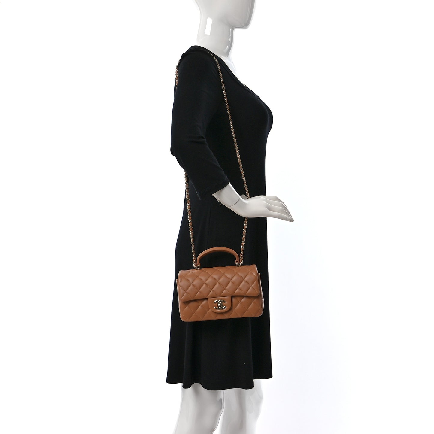 Lambskin Quilted Mini Top Handle Rectangular Flap Dark Beige