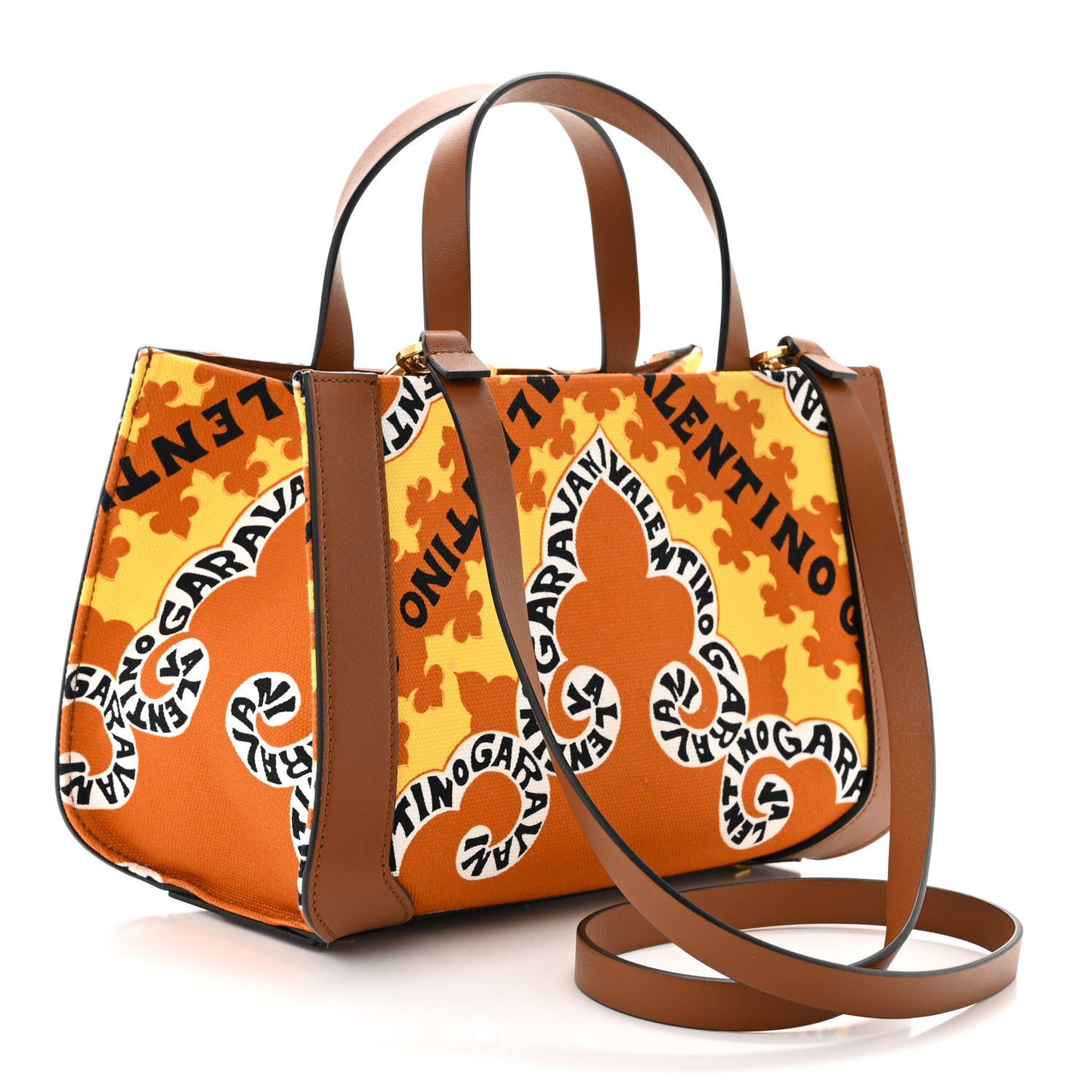 Canvas Calfskin Mini Bandana Print Small Vlogo Signature Tote Saddle Brown Multicolor