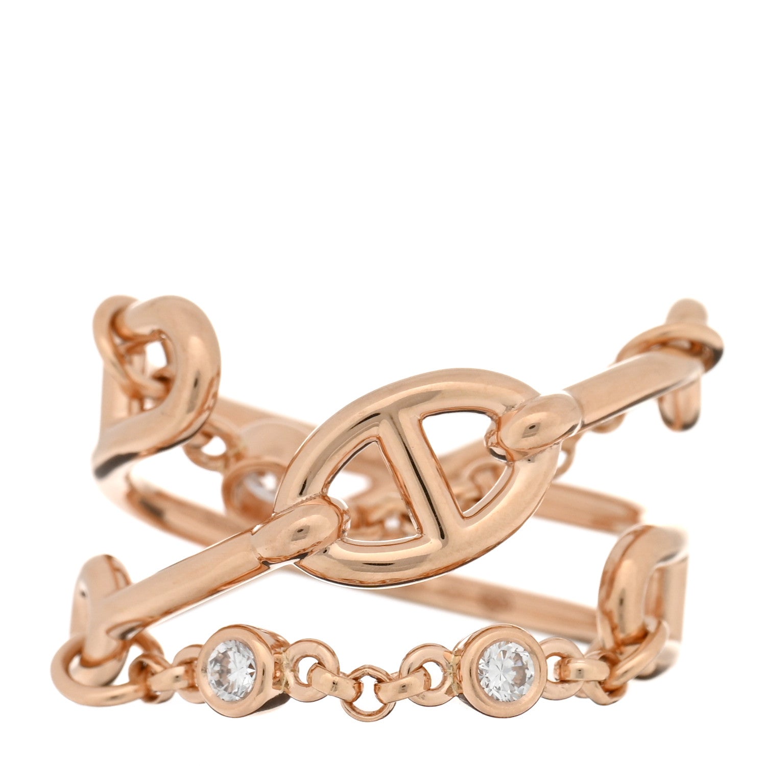 Hermes 18K Rose Gold Diamond MM Chaine d'Ancre Chaos Ring 56 7.5 1 of 5