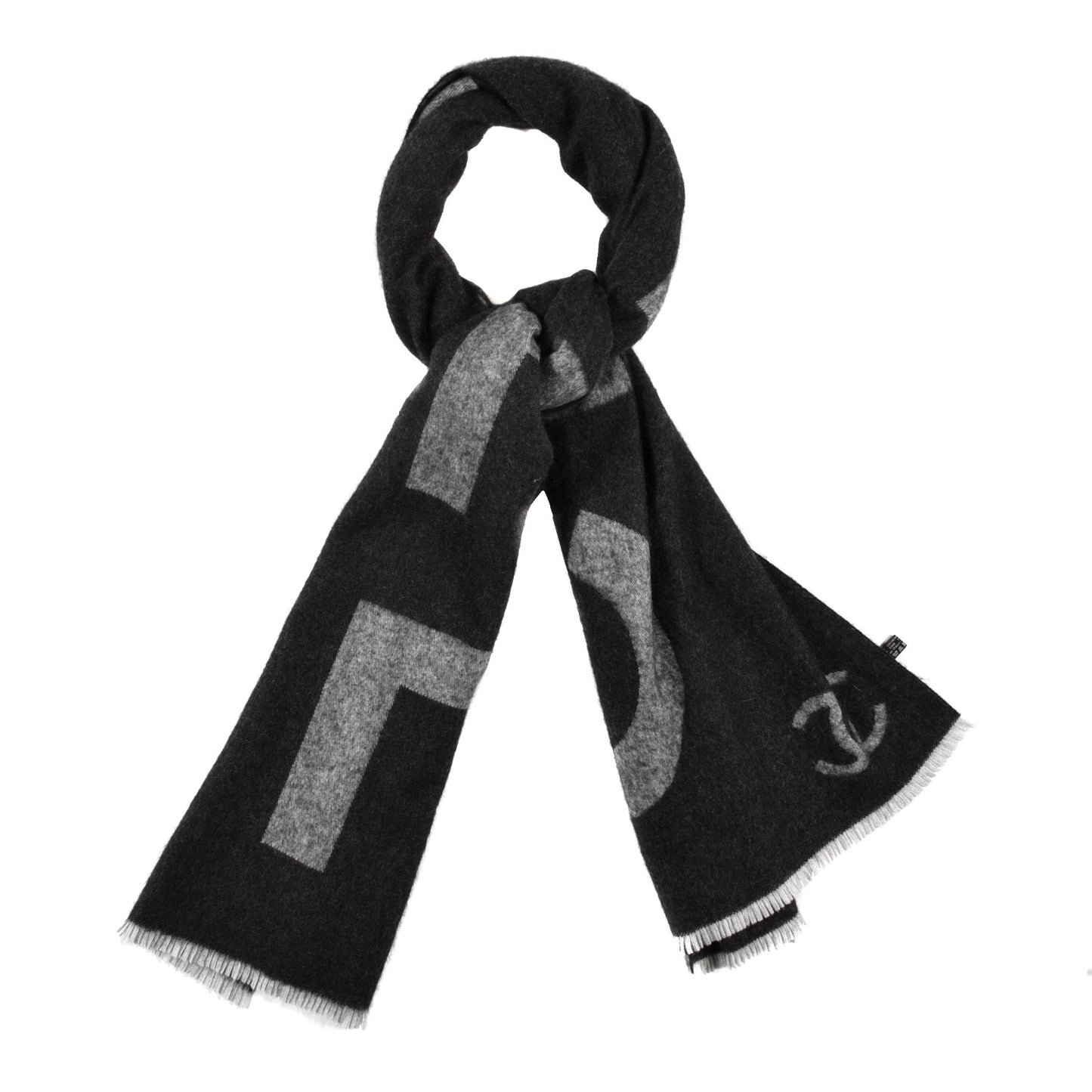 Cashmere Silk CC Logo Fringe Scarf Black Grey