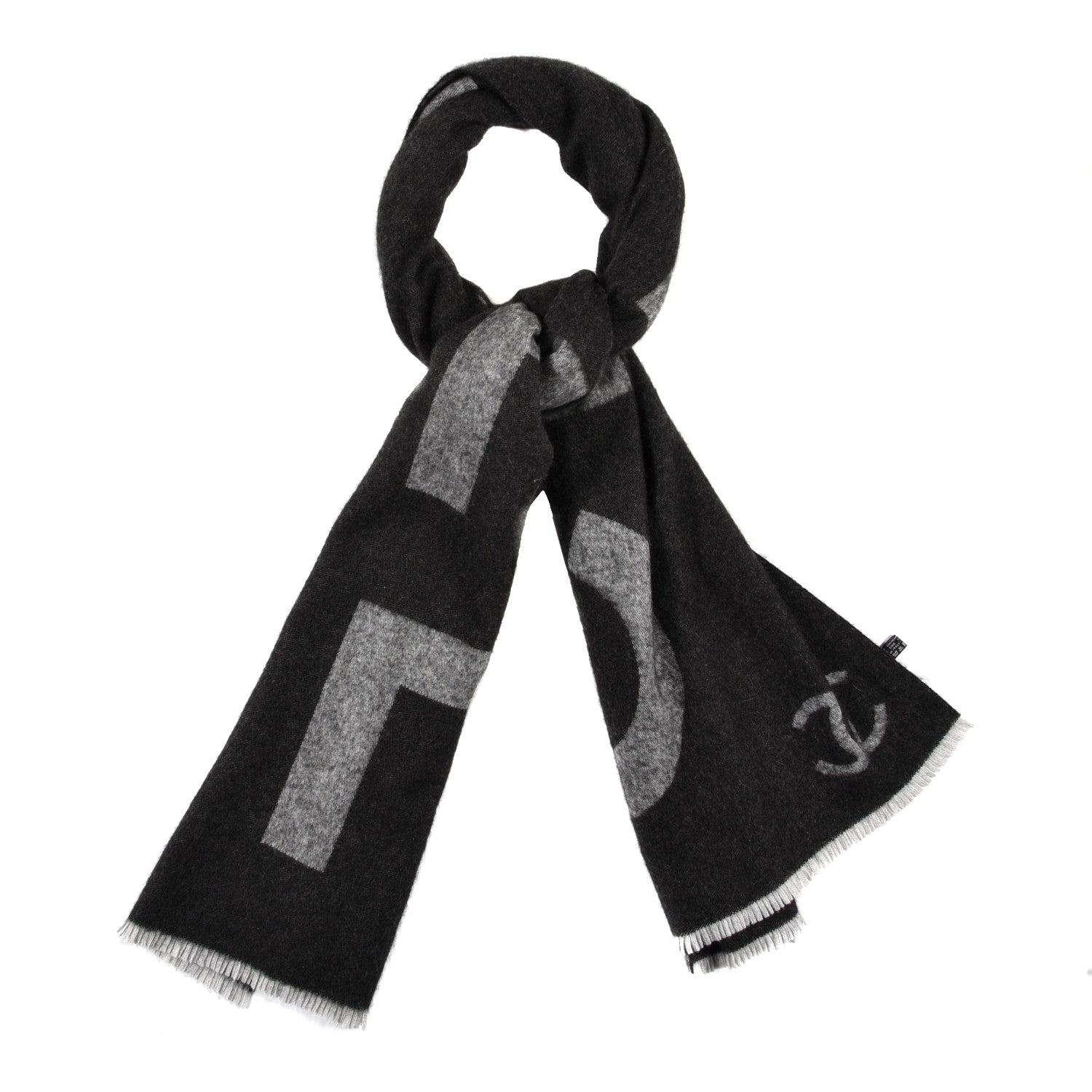 Chanel Cashmere Silk CC Logo Fringe Scarf Black Grey 1 of 4
