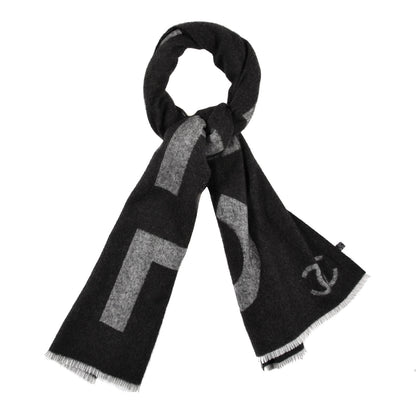 Chanel Cashmere Silk CC Logo Fringe Scarf Black Grey 1 of 4