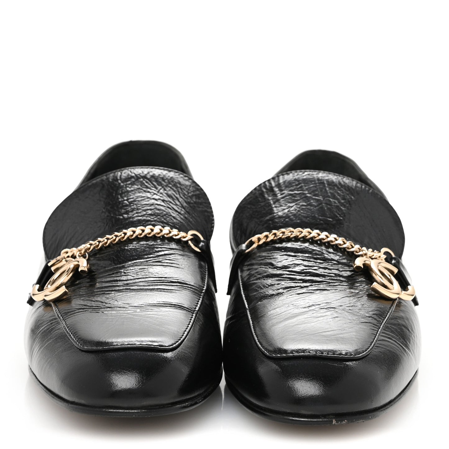 Crinkled Calfskin Chain CC Mocassin Loafers 40 Black