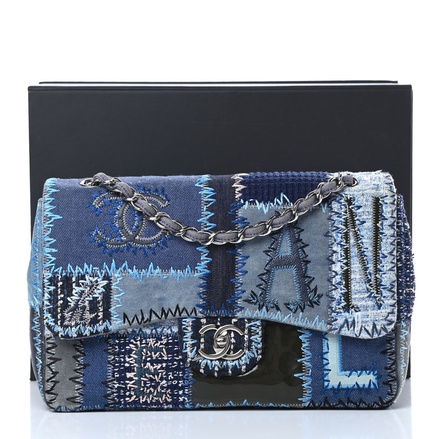 Denim Tweed Patchwork Jumbo Single Flap Blue