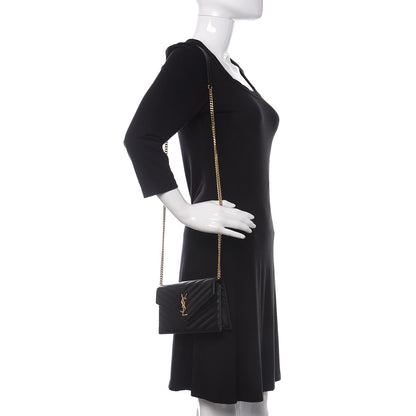 Saint Laurent Grain De Poudre Matelasse Chevron Monogram Envelope Chain Wallet Black 2 of 14