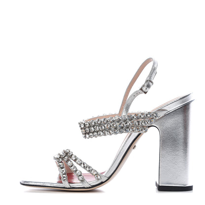 Gucci Nappa Silk Crystal Bertie High Heel Sandals 38.5 Argento 1 of 7