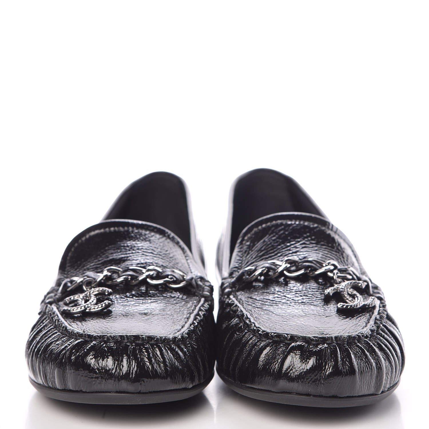Chanel Crackled Patent Calfskin CC Mocassin Loafers 40 Black 2 of 9