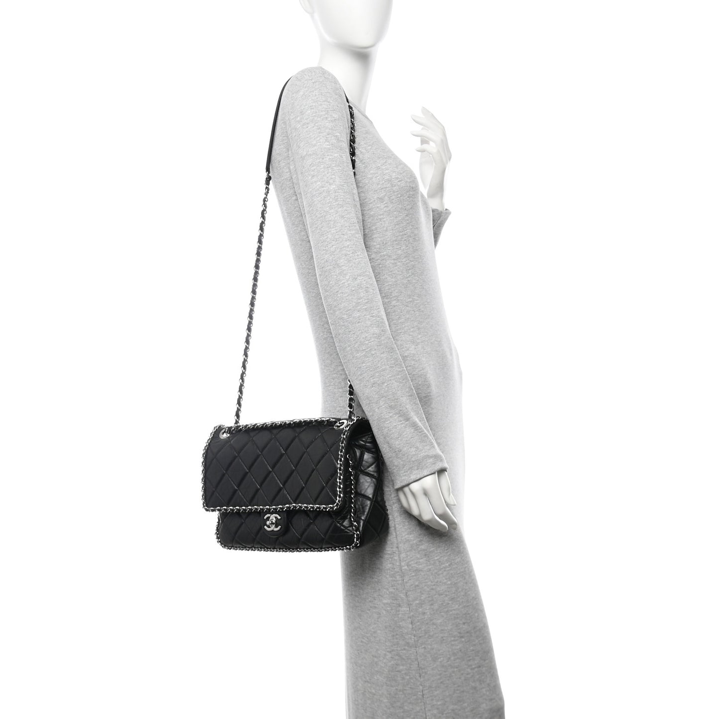 Crumpled Calfskin Quilted Large Chain All Over Flap Bag Black