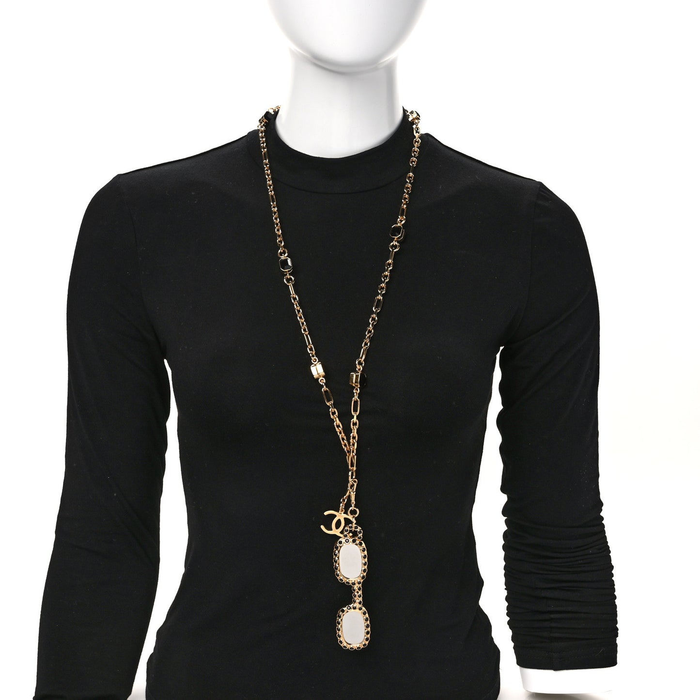 Metal Crystal CC Sunglasses Long Necklace Gold Black