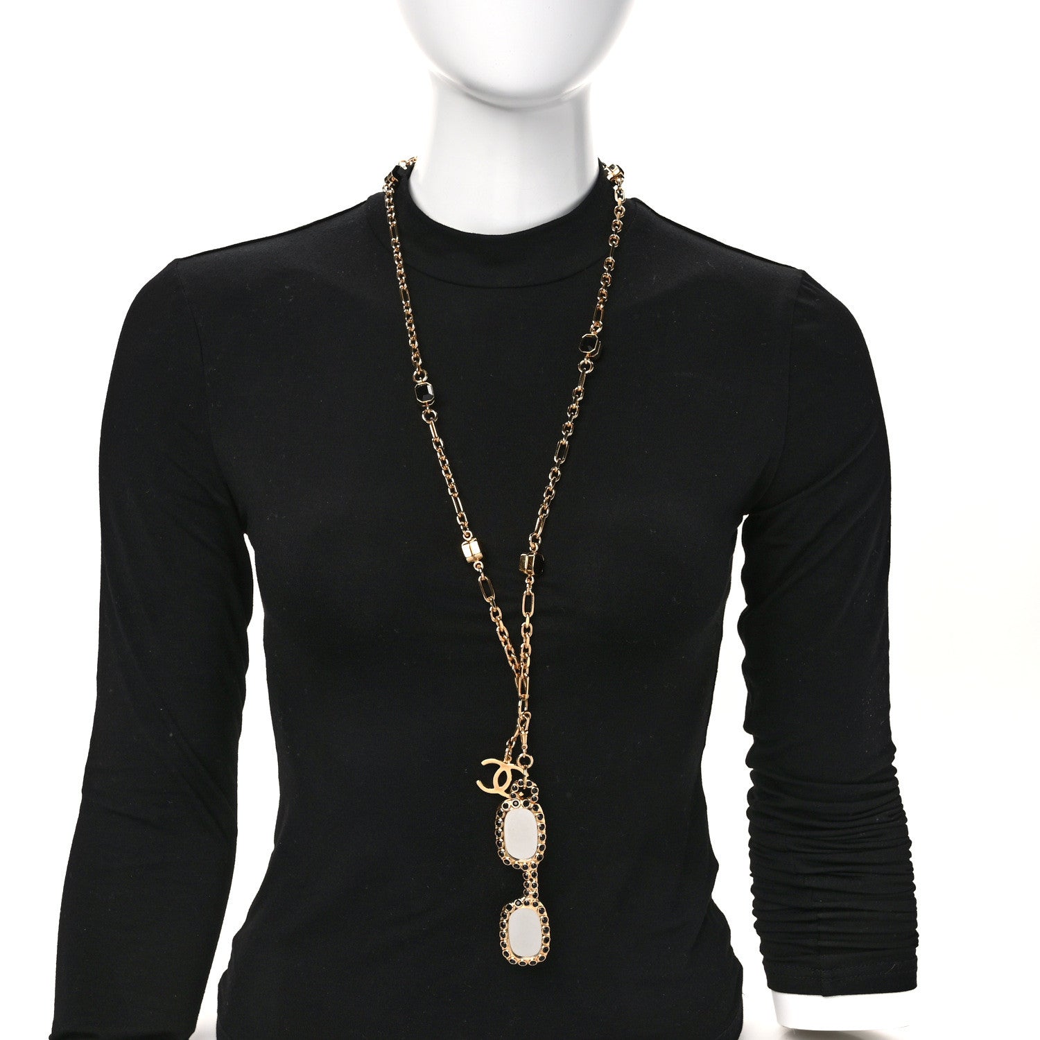 Chanel Metal Crystal CC Sunglasses Long Necklace Gold Black 2 of 5