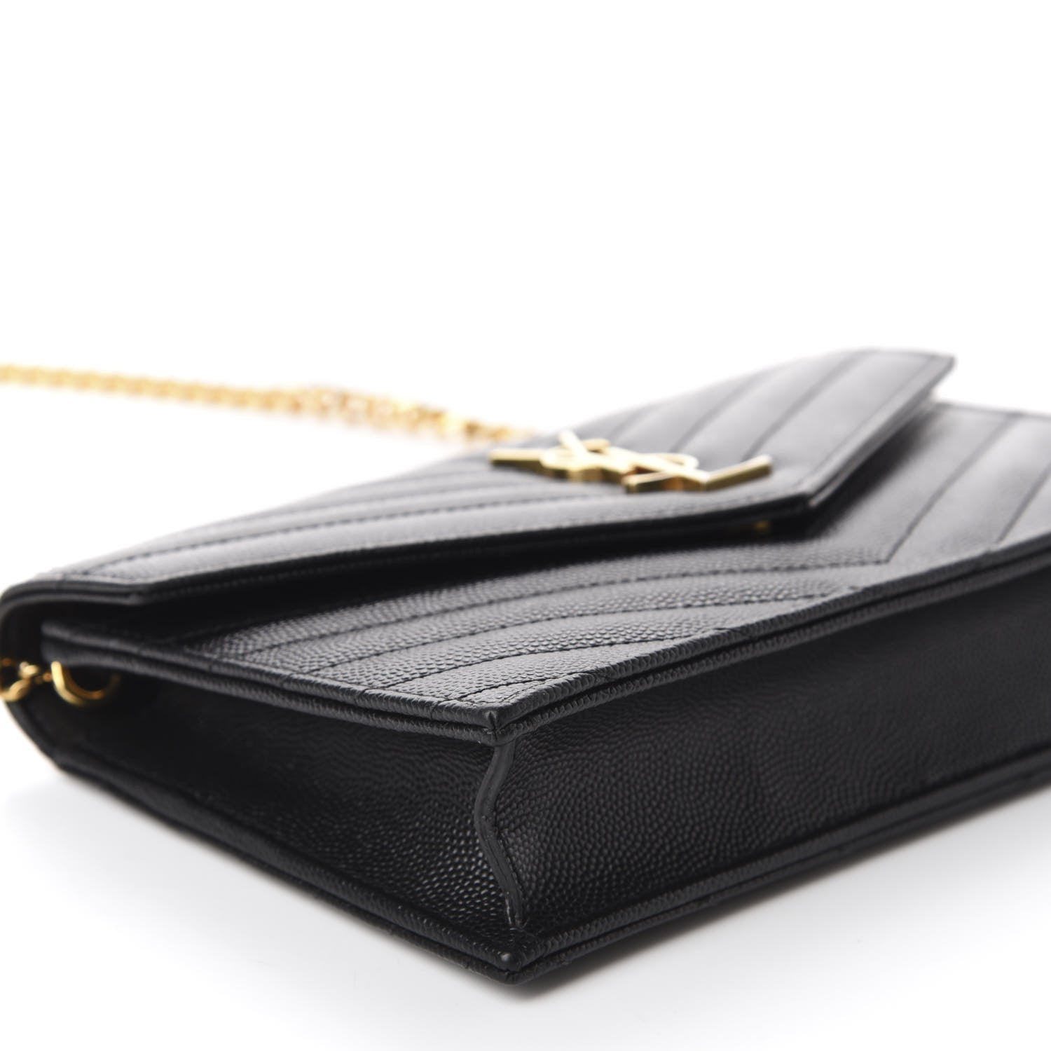 Saint Laurent Grain De Poudre Matelasse Chevron Monogram Envelope Chain Wallet Black 7 of 13