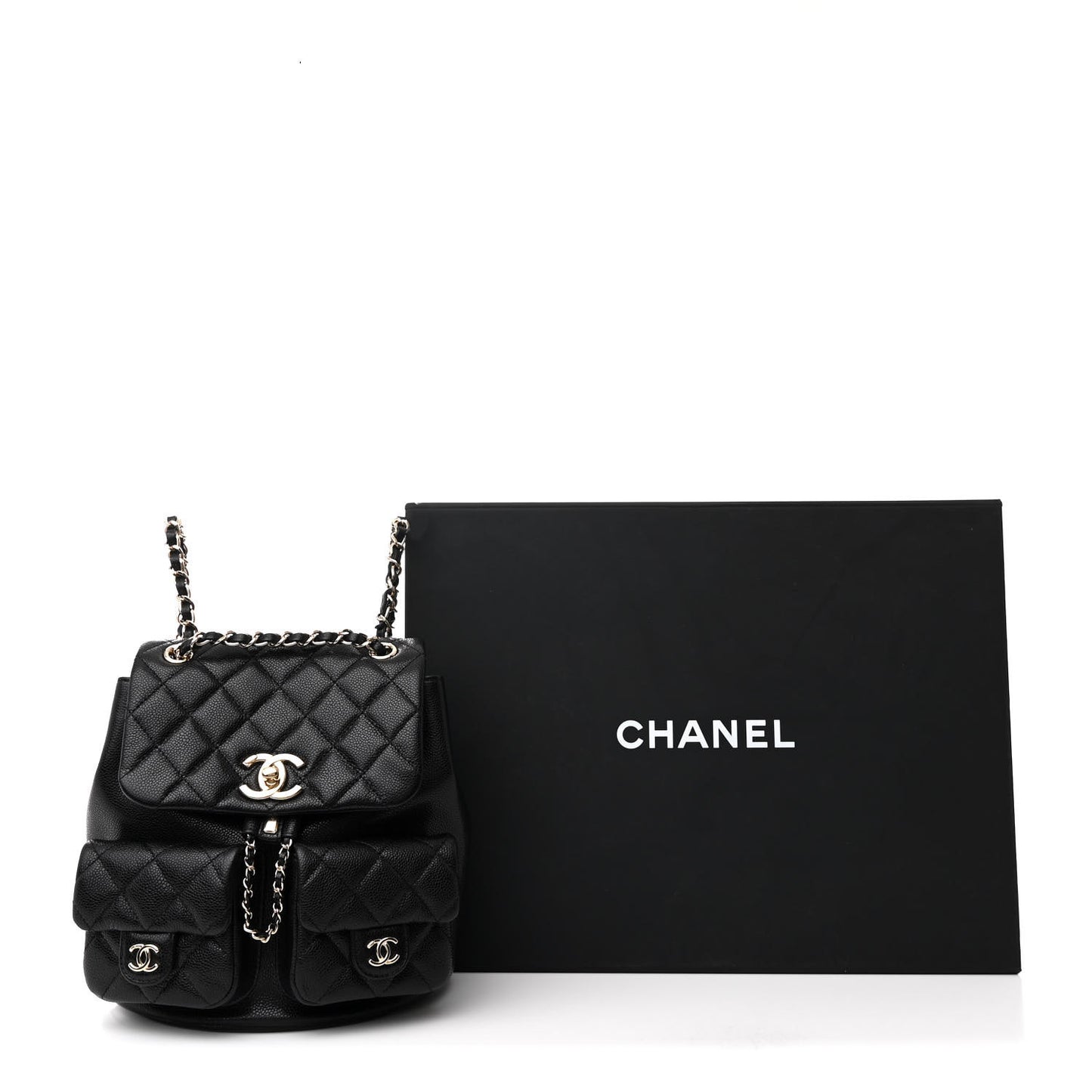 Shiny Caviar Quilted Medium Duma Pockets Drawstring Backpack Black