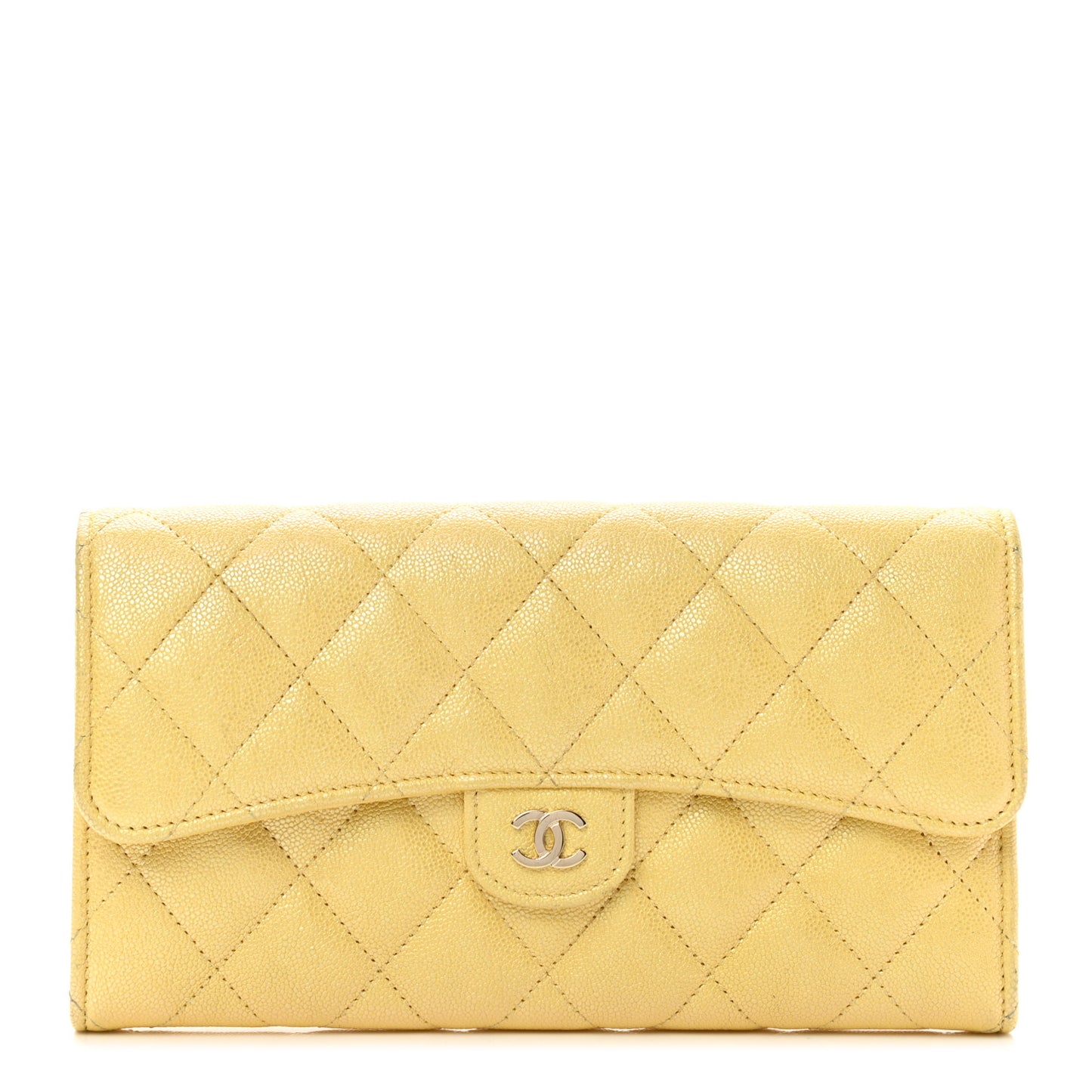 Iridescent Caviar Quilted Long Gusset Flap Wallet Yellow