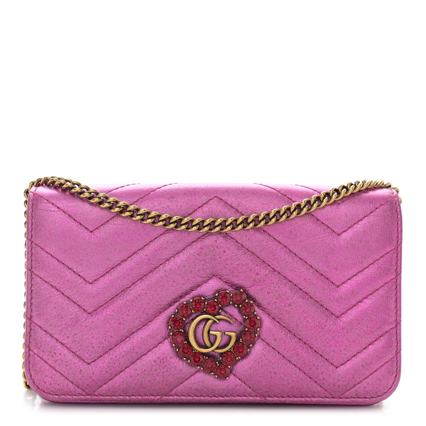 Metallic Calfskin Matelasse Crystal GG Marmont Mini Bag Fuchsia