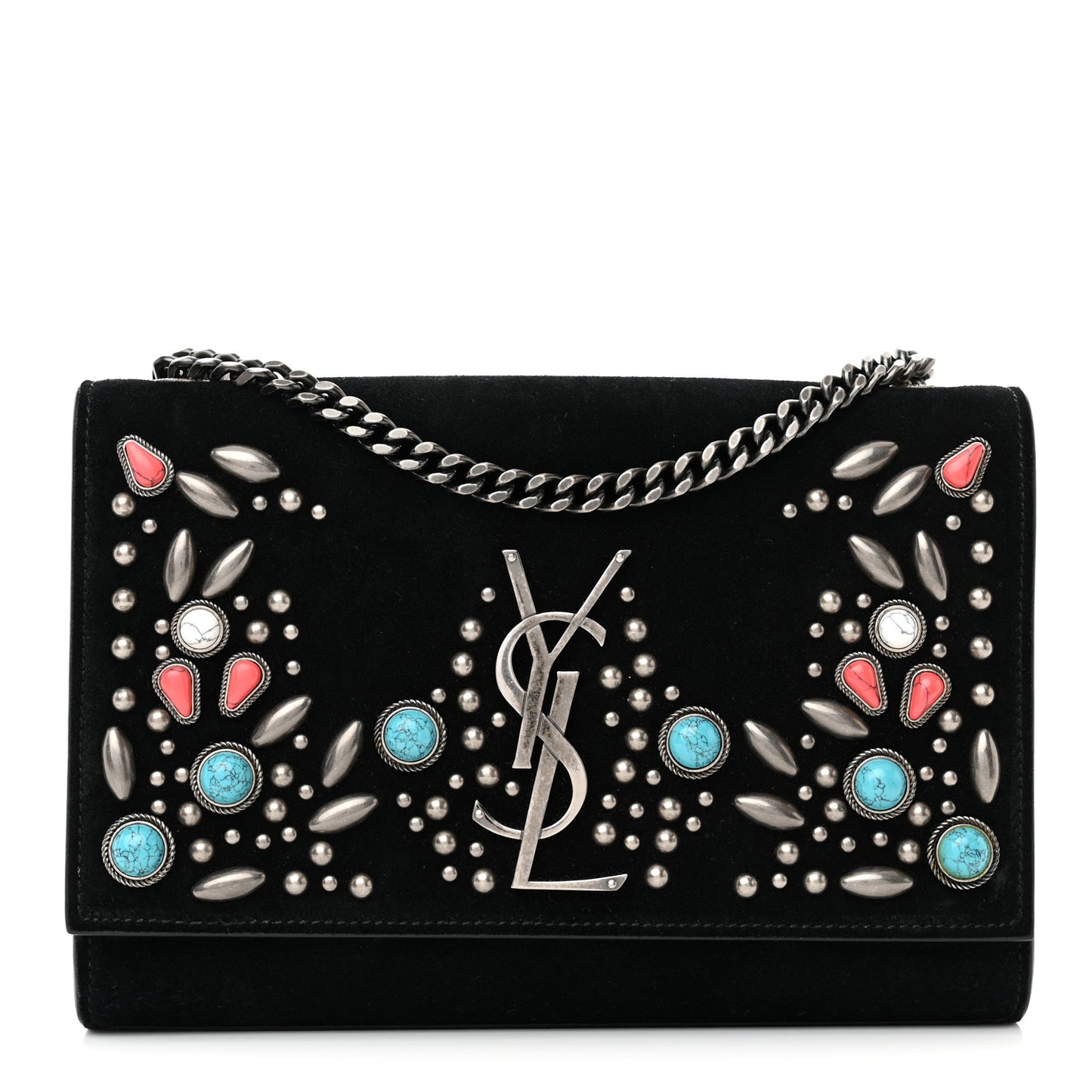 Suede Small Monogram Stone Studded Kate Satchel Black Turquoise Coral