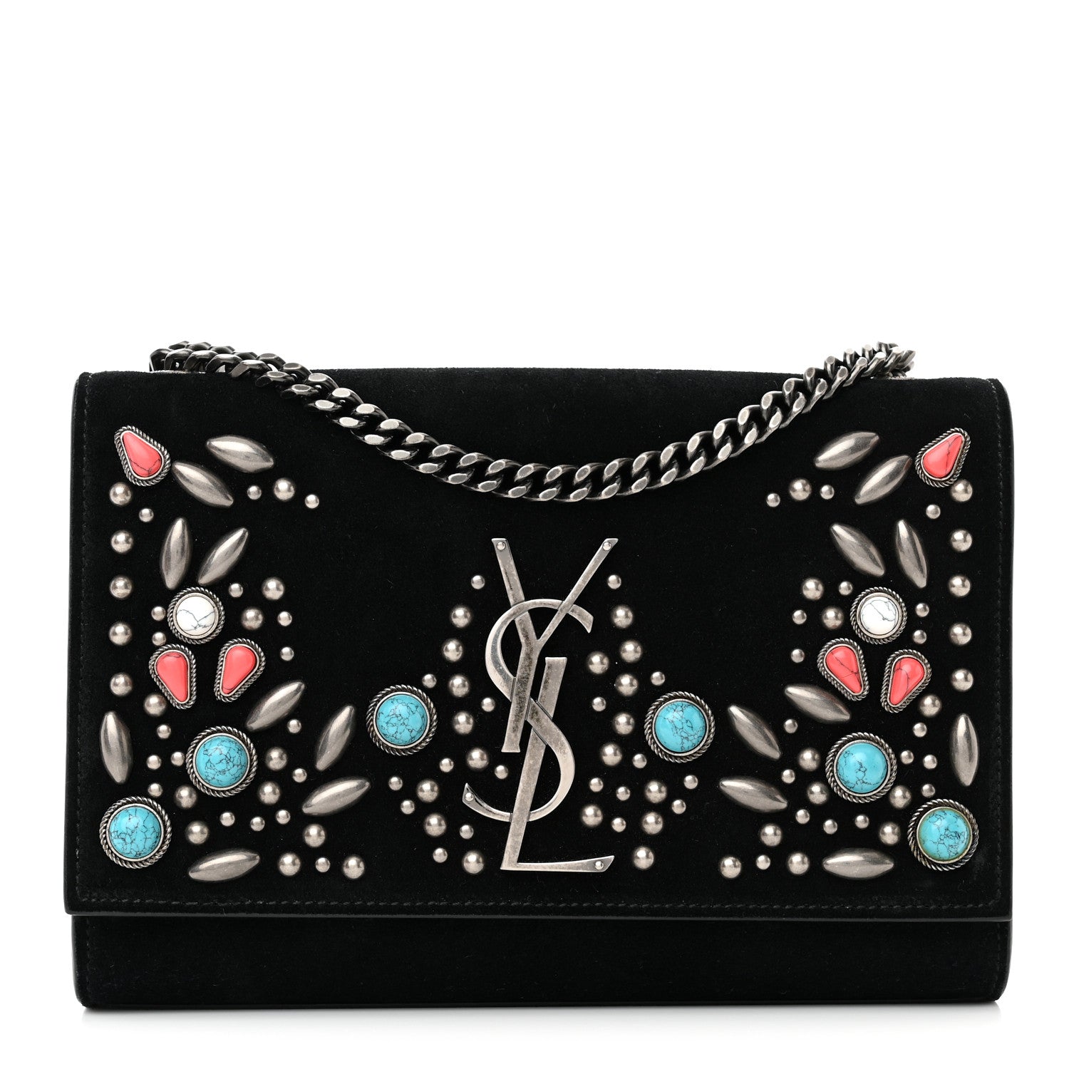 Saint Laurent Suede Small Monogram Stone Studded Kate Satchel Black Turquoise Coral 1 of 17