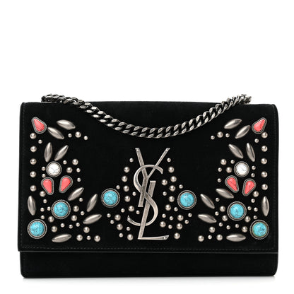 Saint Laurent Suede Small Monogram Stone Studded Kate Satchel Black Turquoise Coral 1 of 17