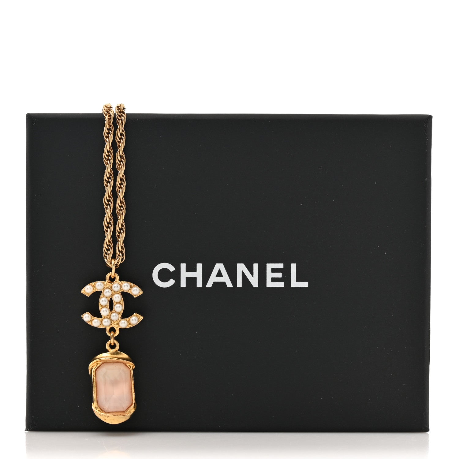 Chanel Pearl Crystal CC Pendant Necklace Gold Pink Pearly White 5 of 5