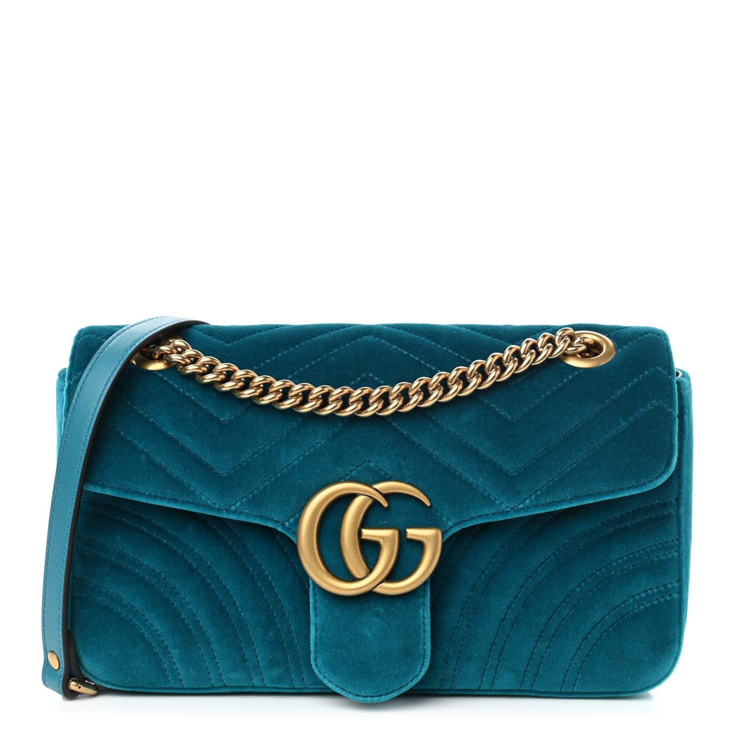 Gucci Velvet Matelasse Small GG Marmont Shoulder Bag Pavone Cyan 1 of 13