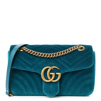 Gucci Velvet Matelasse Small GG Marmont Shoulder Bag Pavone Cyan 1 of 13