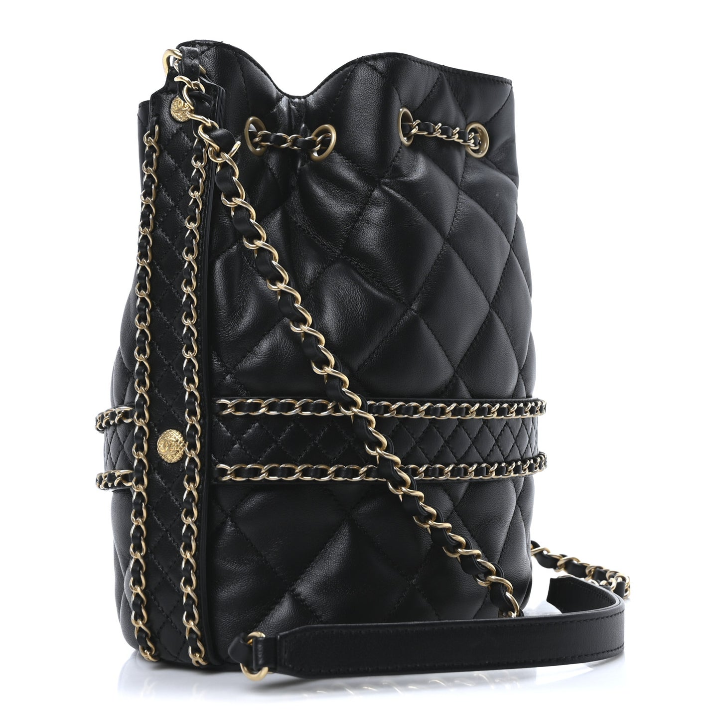 Lambskin Quilted Chain Bucket Drawstring Bag Black