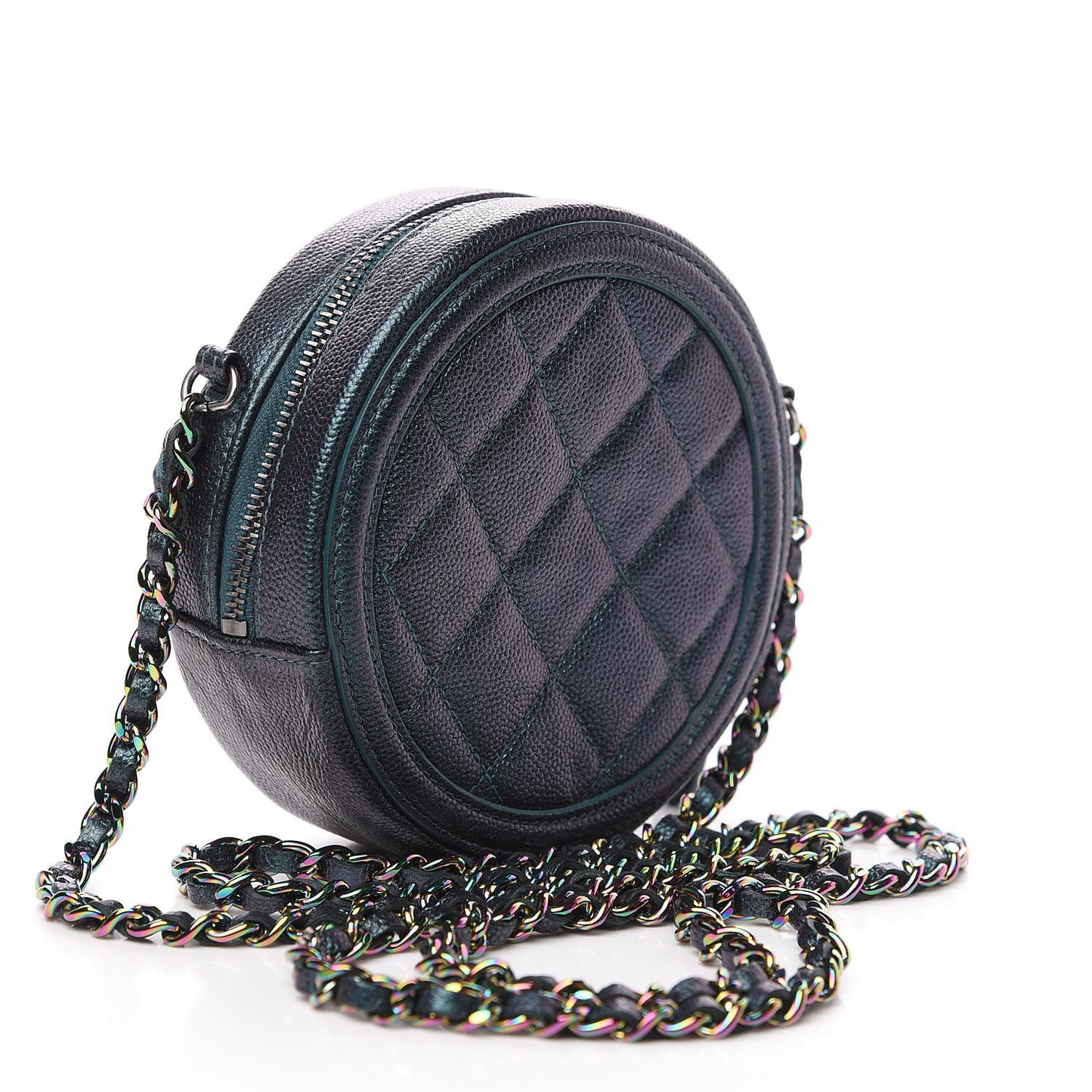 Iridescent Caviar Quilted Round Filigree Crossbody Dark Turquoise