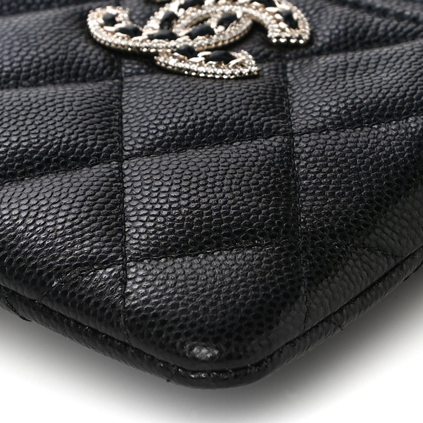 Caviar Quilted Crystal Zip Card Holder Wallet Black
