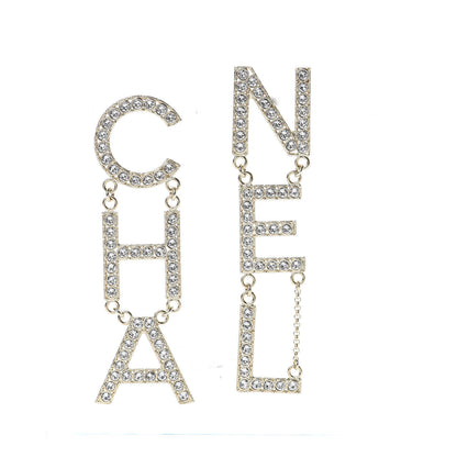Chanel Crystal Cha-Nel Logo Drop Earrings Gold 1 of 5