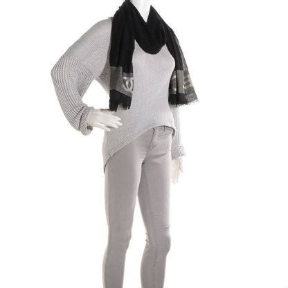 Chanel Wool Silk Cashmere CC Scarf Shawl Black White 2 of 5