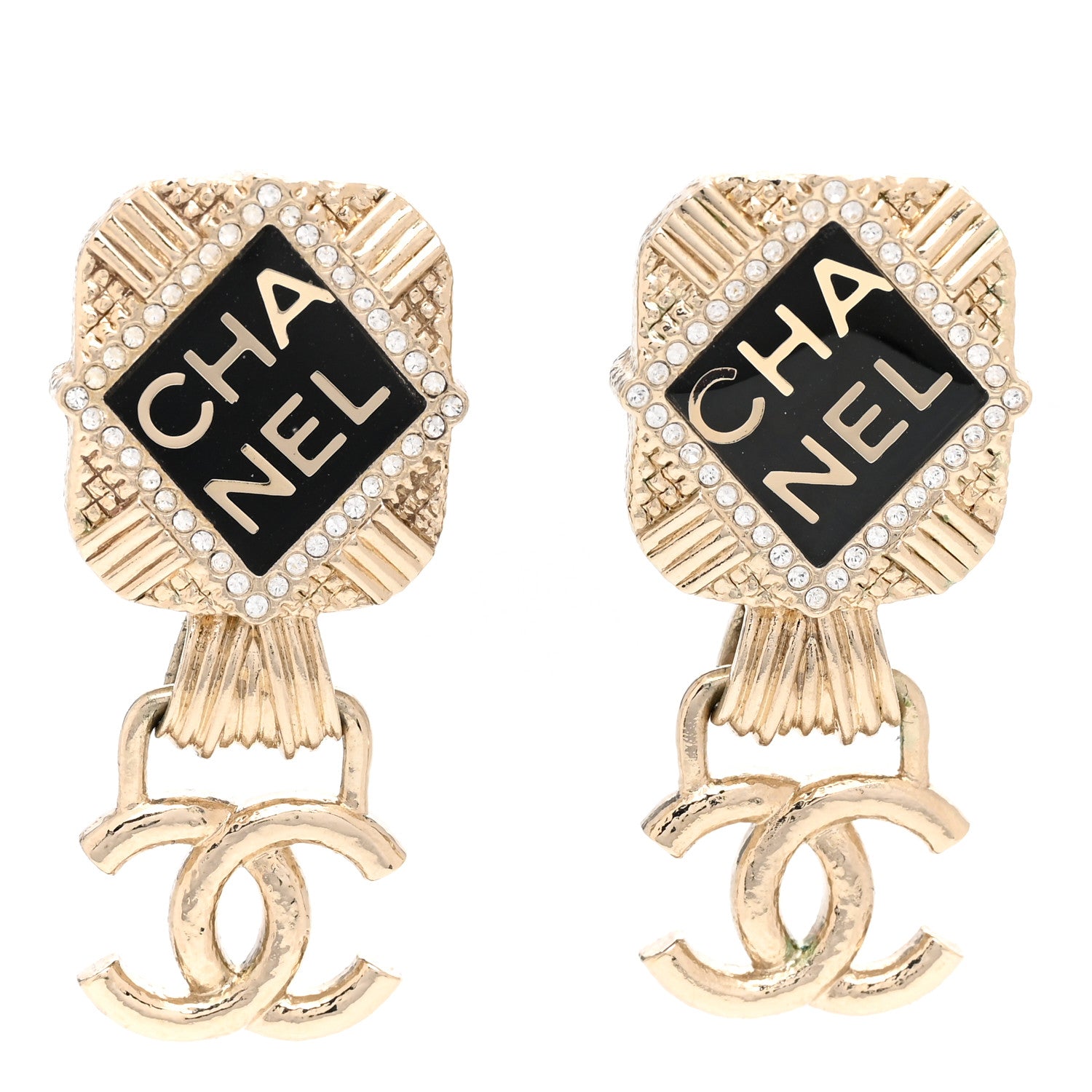 Chanel Resin Crystal Quilted CC Drop Earrings Black Gold 1 of 4