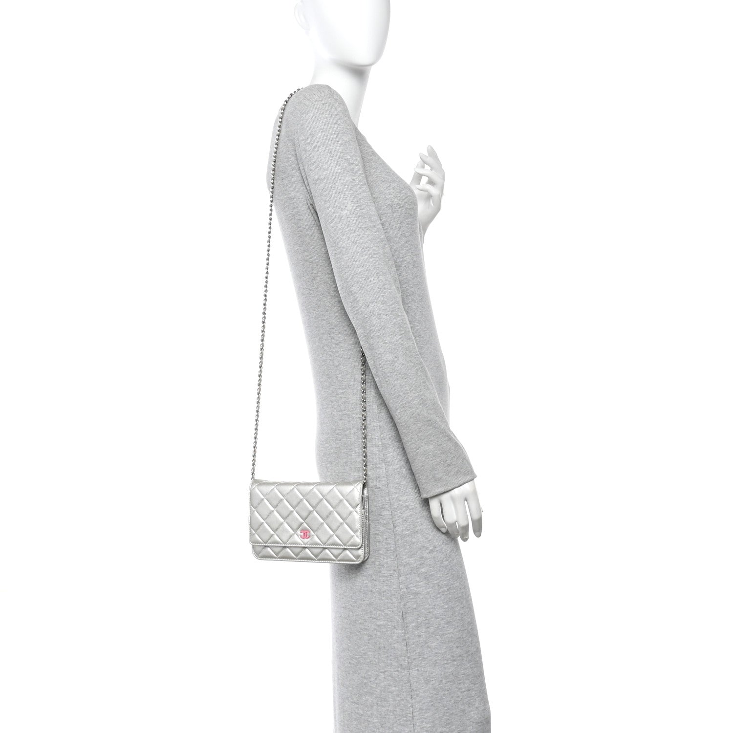 Chanel Metallic Lambskin Quilted Wallet On Chain WOC Silver 2 of 12