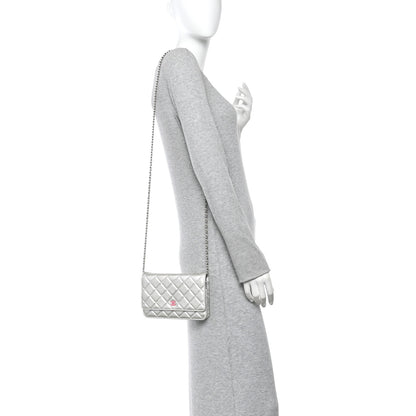 Chanel Metallic Lambskin Quilted Wallet On Chain WOC Silver 2 of 12