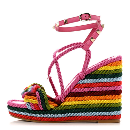 Valentino Garavani Calfskin Rockstud Ankle Strap Torchon Espadrille 25/115mm Wedge Sandals 37 Feminine Pink Multicolor 1 of 11