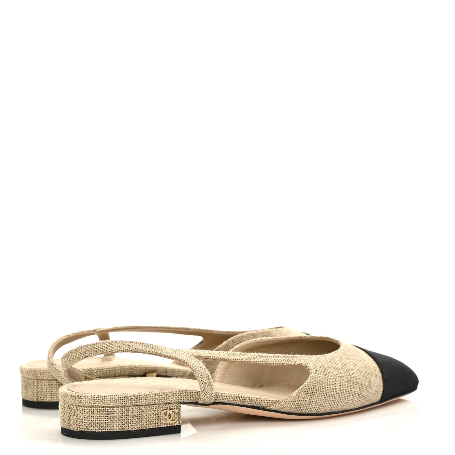 Fabric Grosgrain Cap Toe CC Slingback Flats 37 Light Beige Black