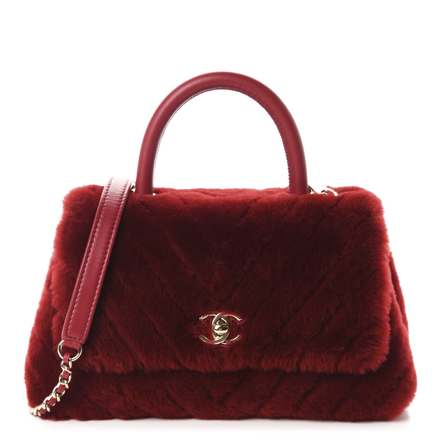 Chanel Shearling Lambskin Coco Handle Flap Dark Red 1 of 10