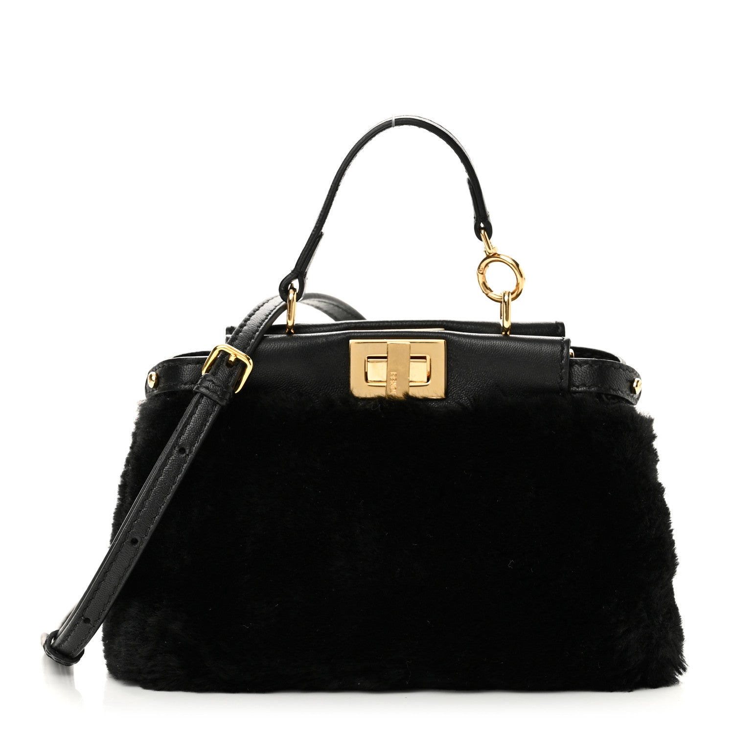 Fendi Shearling Shiny Nappa Micro Peekaboo Iconic Satchel Black 1 of 9