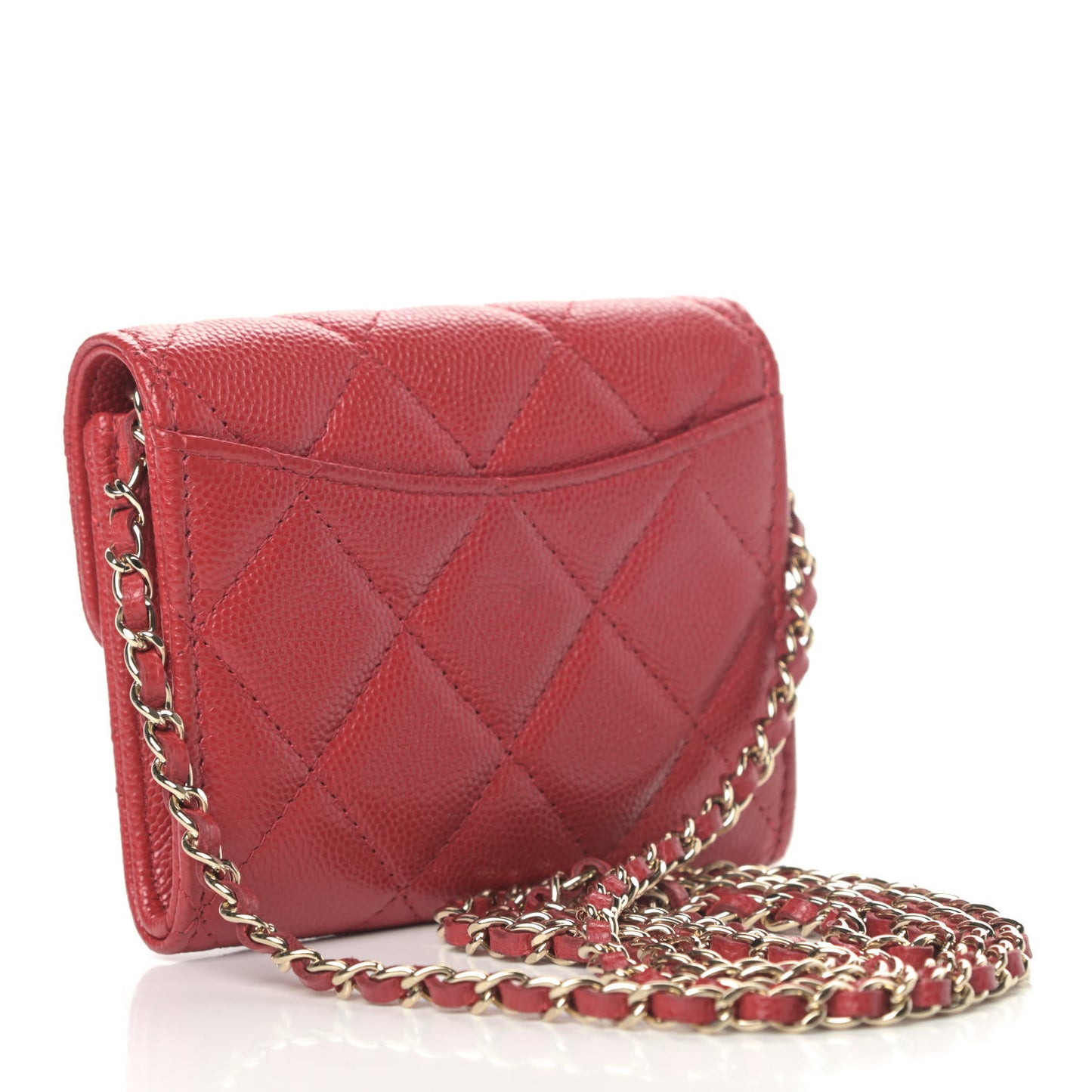 Caviar Quilted Flap Card Holder On Chain Red