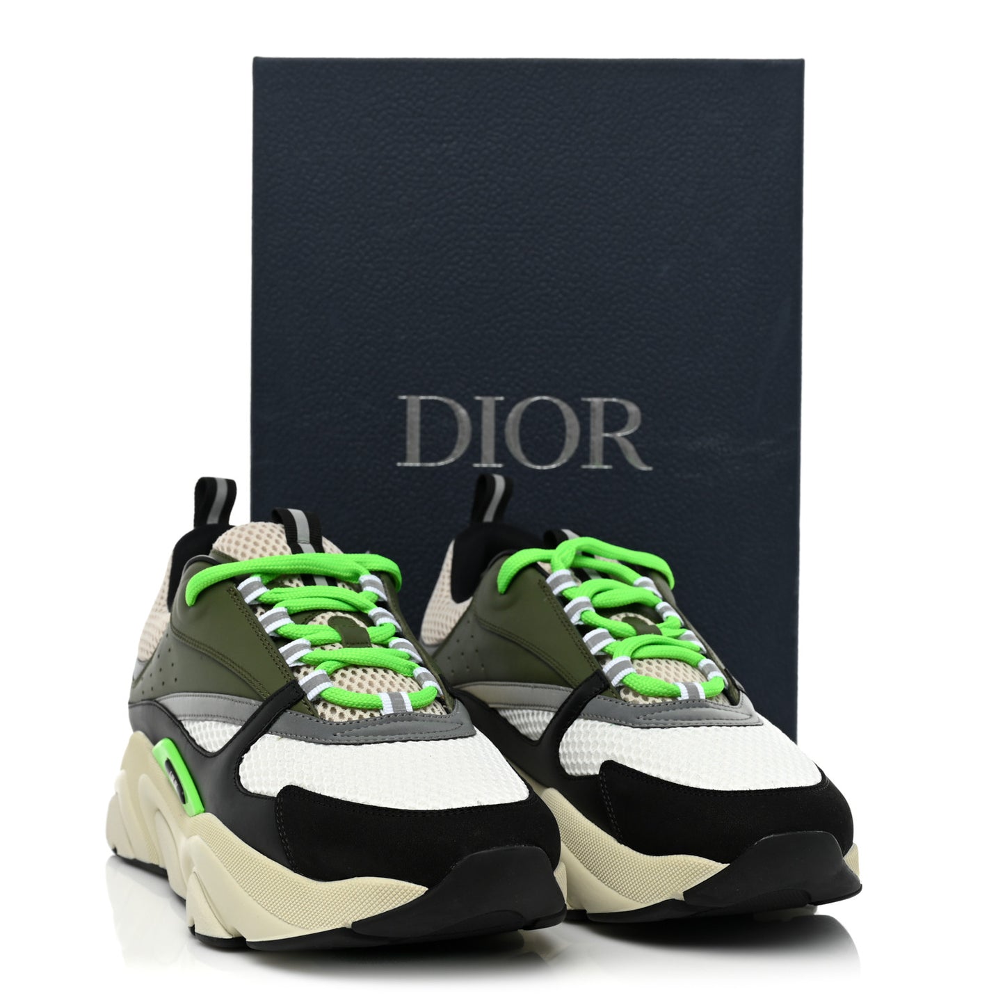 Technical Mesh Calfskin Mens B22 Sneakers 44 Olive Green Black Grey White