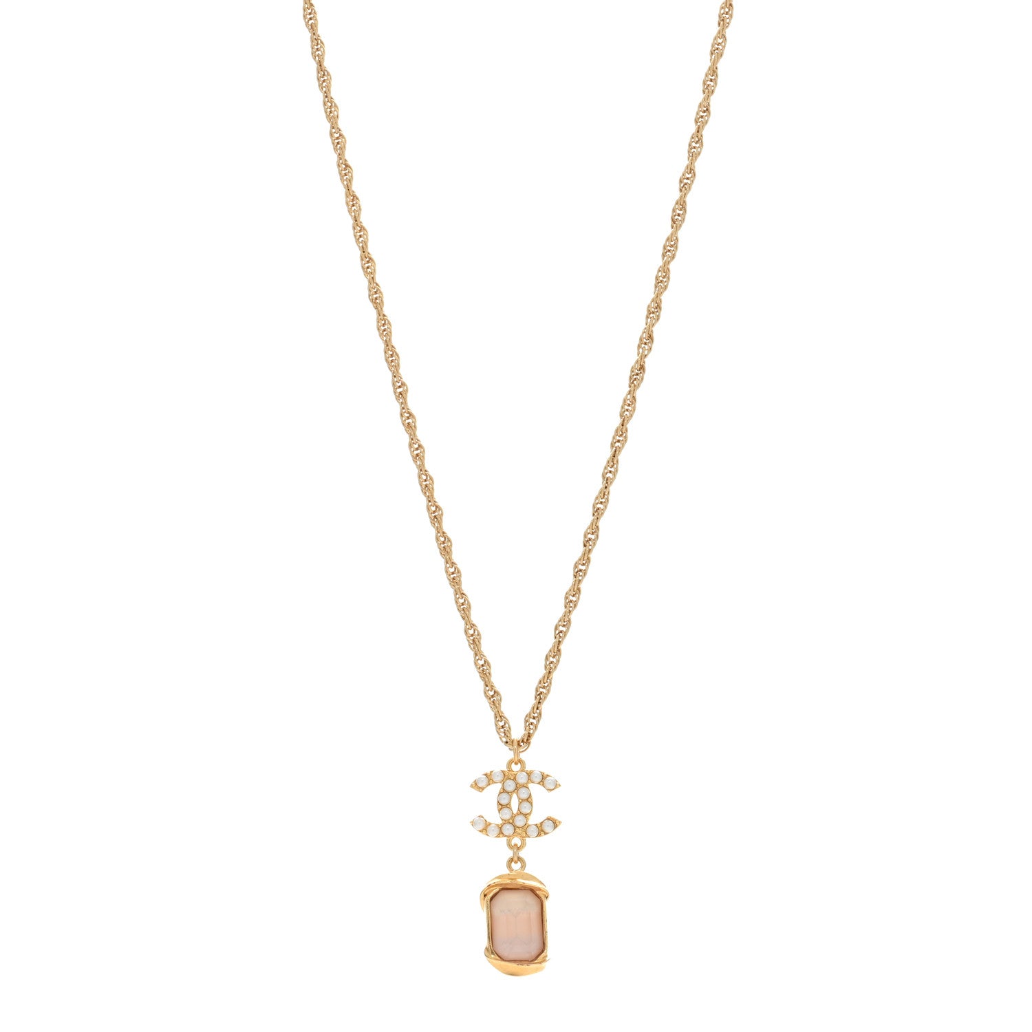 Chanel Pearl Crystal CC Pendant Necklace Gold Pink Pearly White 1 of 4