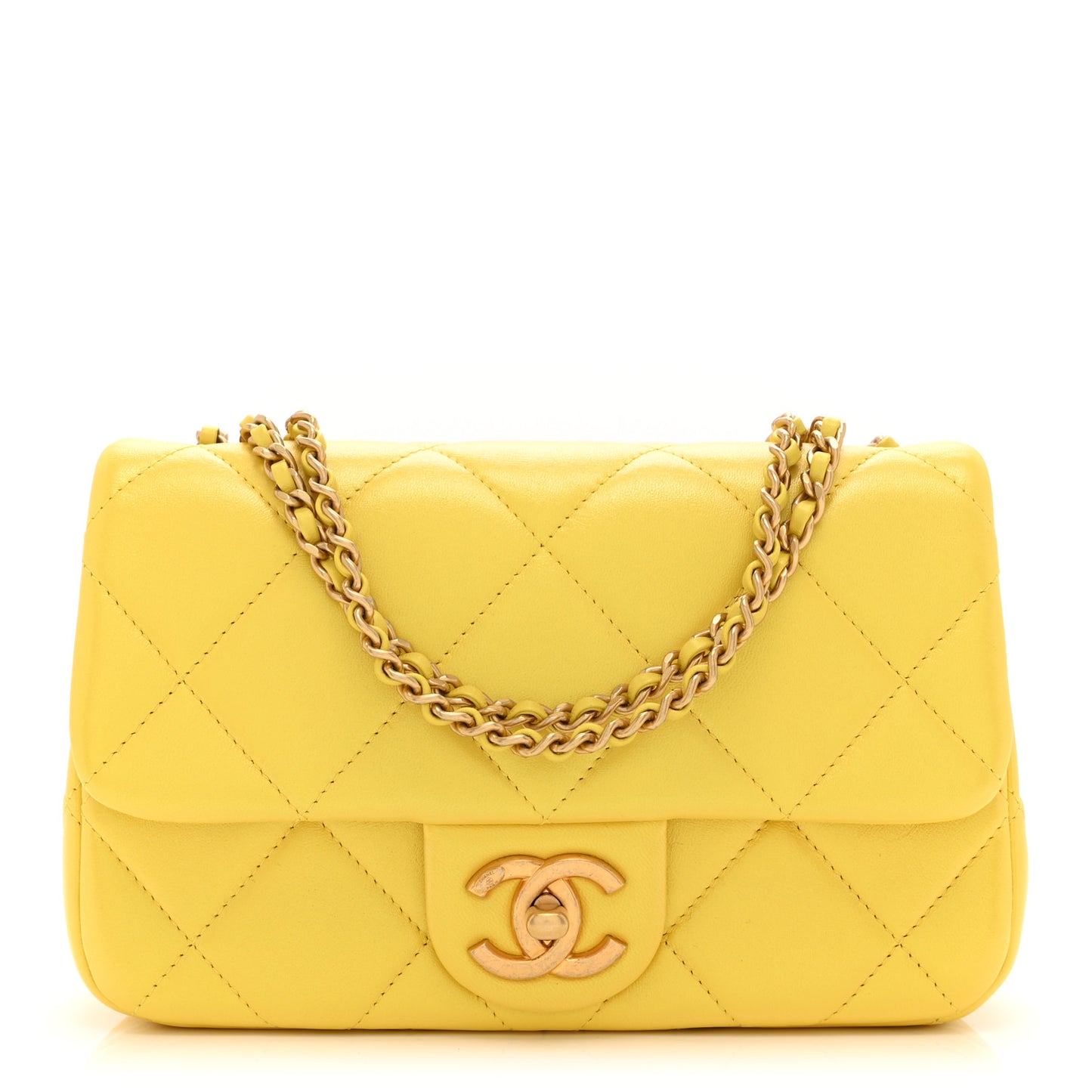 Iridescent Lambskin Quilted Mini Rectangular Pearl Crush Flap Yellow