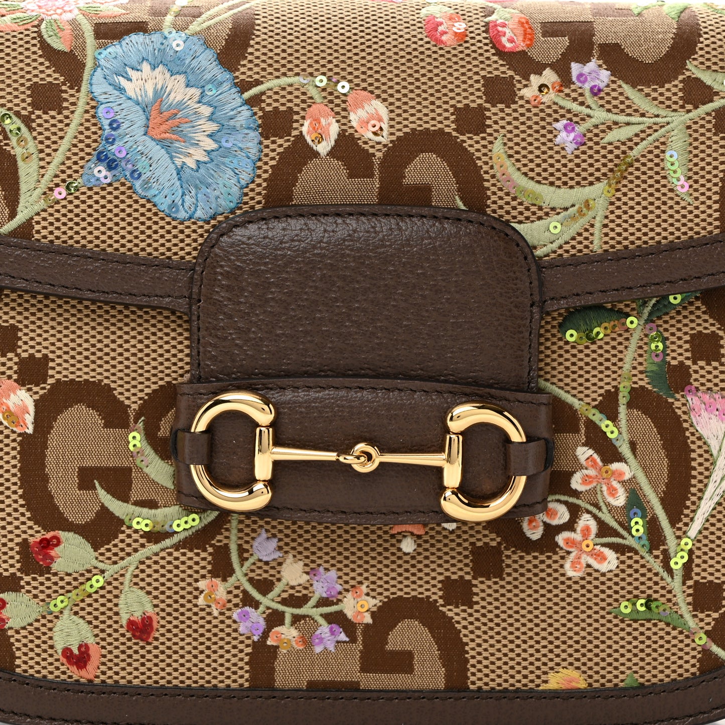 Monogram Jumbo GG Textured Dollar Calfskin Embroidered Horsebit 1955 Shoulder Bag Camel Ebony New Acero Multicolor