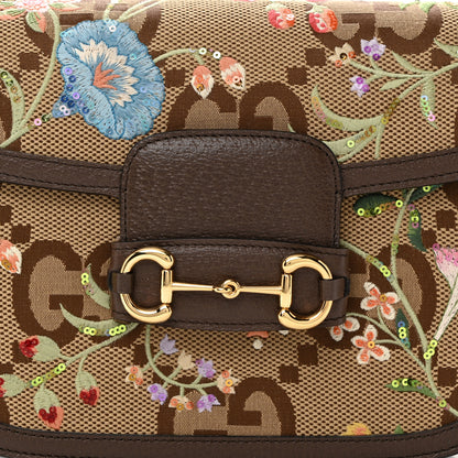 Gucci Monogram Jumbo GG Textured Dollar Calfskin Embroidered Horsebit 1955 Shoulder Bag Camel Ebony New Acero Multicolor 8 of 10